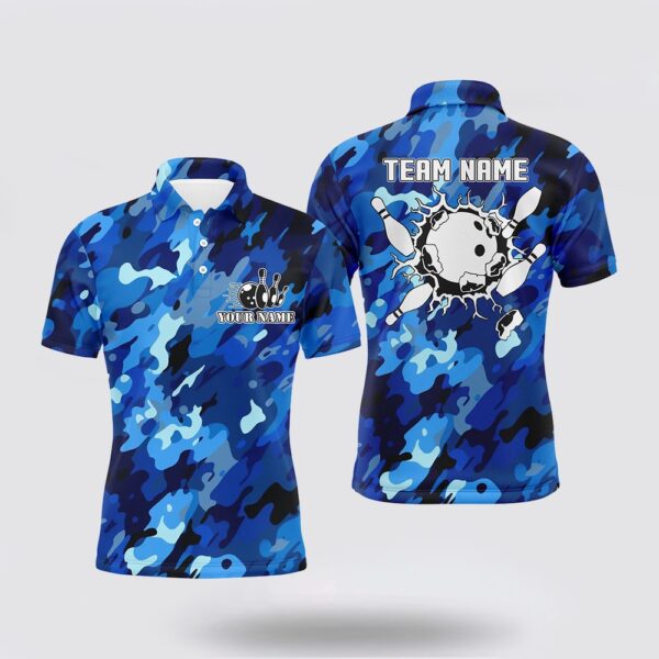 Bowling Polo Shirt, Bowling Polo Shirts For Men Custom Bowling Ball And Pins Blue Camo Bowling Team Jersey