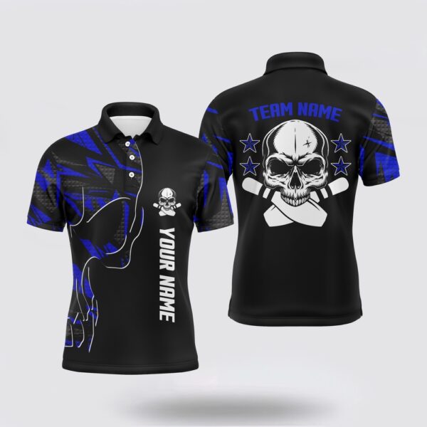 Bowling Polo Shirt, Bowling Polo Shirts For Men Custom Name And Team Name Skull Bowling, Team Bowling Shirts Blue