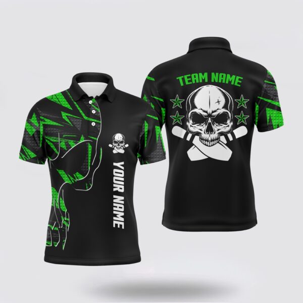 Bowling Polo Shirt, Bowling Polo Shirts For Men Custom Name And Team Name Skull Bowling, Team Bowling Shirts Green