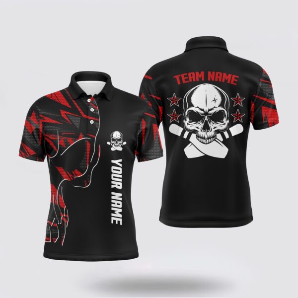 Bowling Polo Shirt, Bowling Polo Shirts For Men Custom Name And Team Name Skull Bowling, Team Bowling Shirts Red