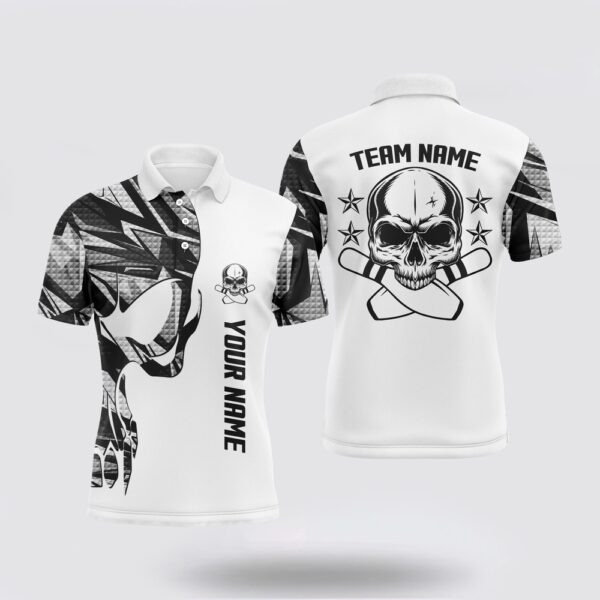 Bowling Polo Shirt, Bowling Polo Shirts For Men White Camo Custom Name And Team Name Skull Bowling, Team Bowling Shirts