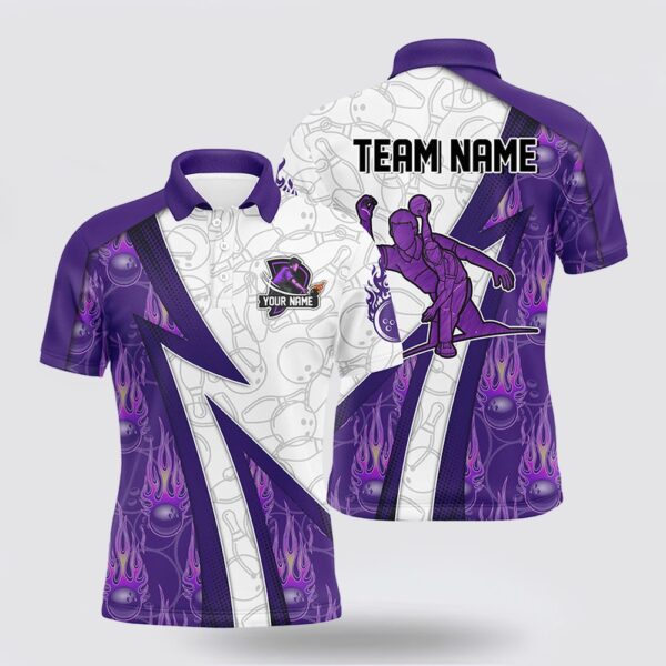 Bowling Polo Shirt, Custom Bowling Polo Shirt For Men Purple Flame Camo Bowling Jersey, Bowling Team Shirt