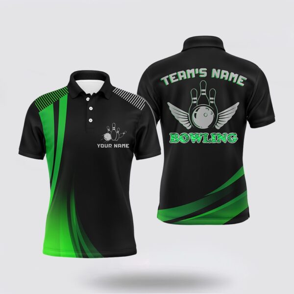 Bowling Polo Shirt, Custom Bowling Shirt For Men, Green&Black Bowling Jersey With Name League Bowling Polo Short Sleeve