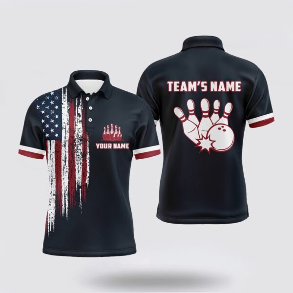 Bowling Polo Shirt, Custom Bowling Shirt With Name American Flag Bowling Jersey For Men Bowling Polo Shirt For Tea