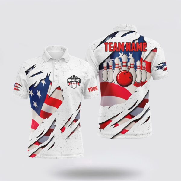 Bowling Polo Shirt, Custom Bowling Shirts For Men American Flag Patriotic Bowling Ball & Pins White Mens Polo Shirts