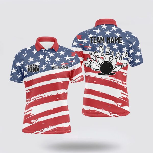 Bowling Polo Shirt, Custom Bowling Shirts For Men American Flag Patriotic Personalize Bowling Team Jerseys Men Polo Shirts