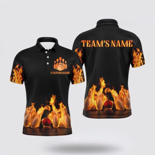 Bowling Polo Shirt, Custom Fire Bowling Shirt For Men, Flames Bowling Jersey With Name League Bowling Team Polo Shirt