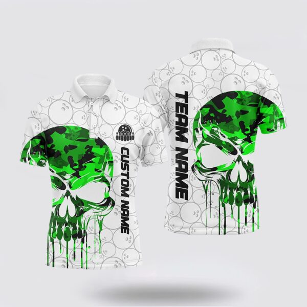 Bowling Polo Shirt, Custom Green Camo Skull Bowling Polo Shirts Men Team Bowling Jerseys Bowling League Outfit