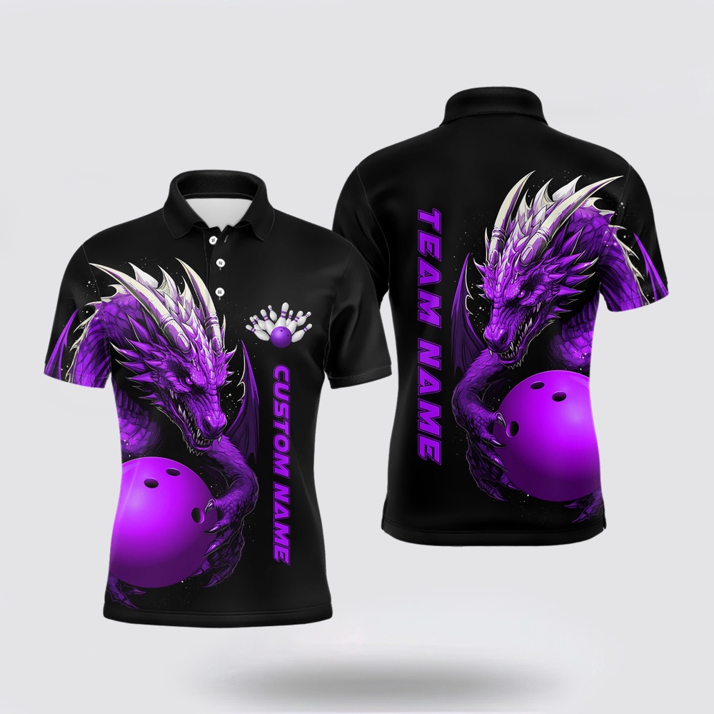 Bowling Polo Shirt, Custom Purple Dragon Men Bowling Polo Shirts Team Bowling Jerseys Bowling Apparel For Bowler Bowling Polo Shirt, Custom Purple Dragon Men Bowling Polo Shirts Team Bowling Jerseys Bowling Apparel For Bowler