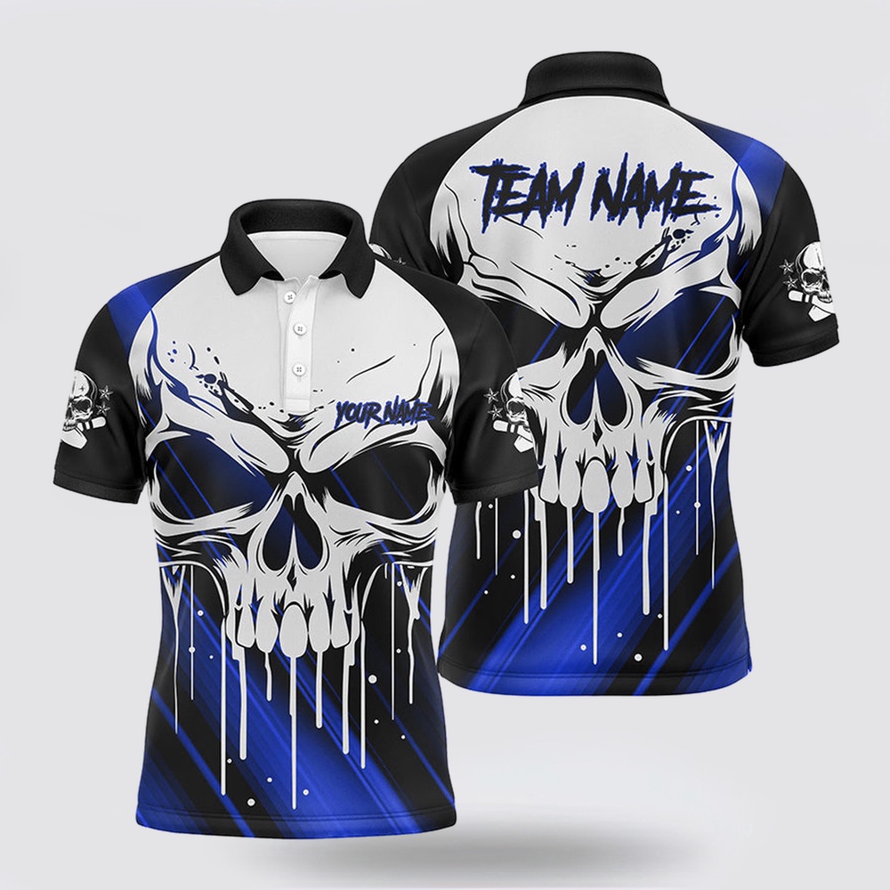 Bowling Polo Shirt, Custom Skull Bowling Jerseys For Men Bowling Team Name Polo Shirts Halloween Outfits Blue