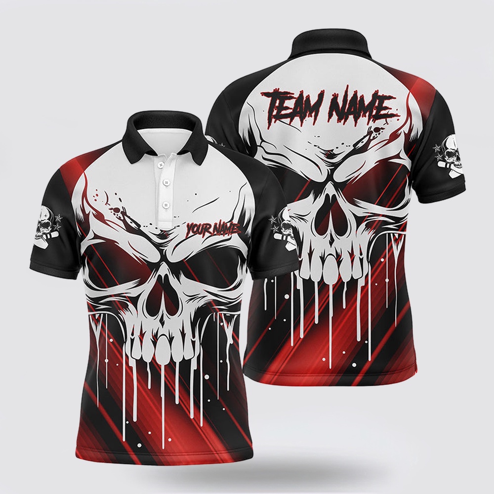 Bowling Polo Shirt, Custom Skull Bowling Jerseys For Men Bowling Team Name Polo Shirts Halloween Outfits Red Bowling Polo Shirt, Custom Skull Bowling Jerseys For Men Bowling Team Name Polo Shirts Halloween Outfits Red