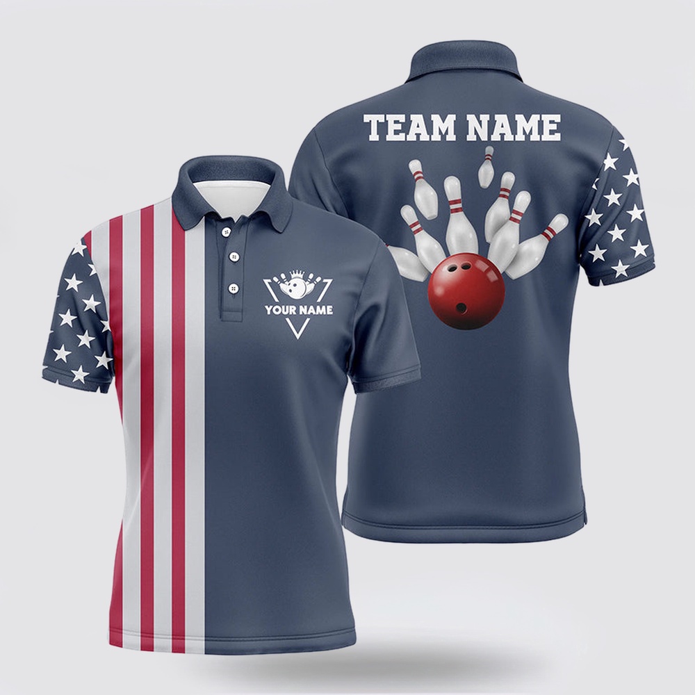 Bowling Polo Shirt, Custom Vintage Bowling Polo Shirts For Men American Flag Patriotic Bowling Team Jerseys Blue