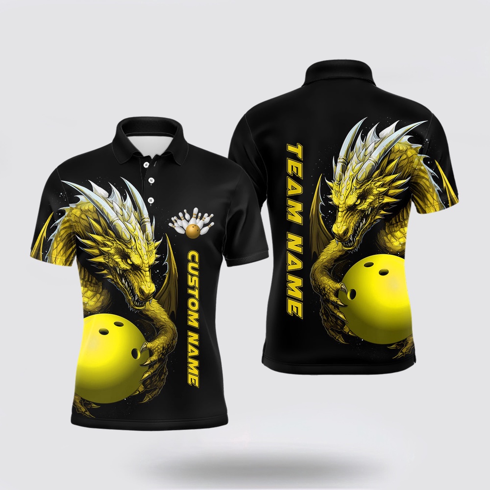 Bowling Polo Shirt, Custom Yellow Dragon Men Bowling Polo Shirts Team Bowling Jerseys Bowling Apparel For Bowler Bowling Polo Shirt, Custom Yellow Dragon Men Bowling Polo Shirts Team Bowling Jerseys Bowling Apparel For Bowler