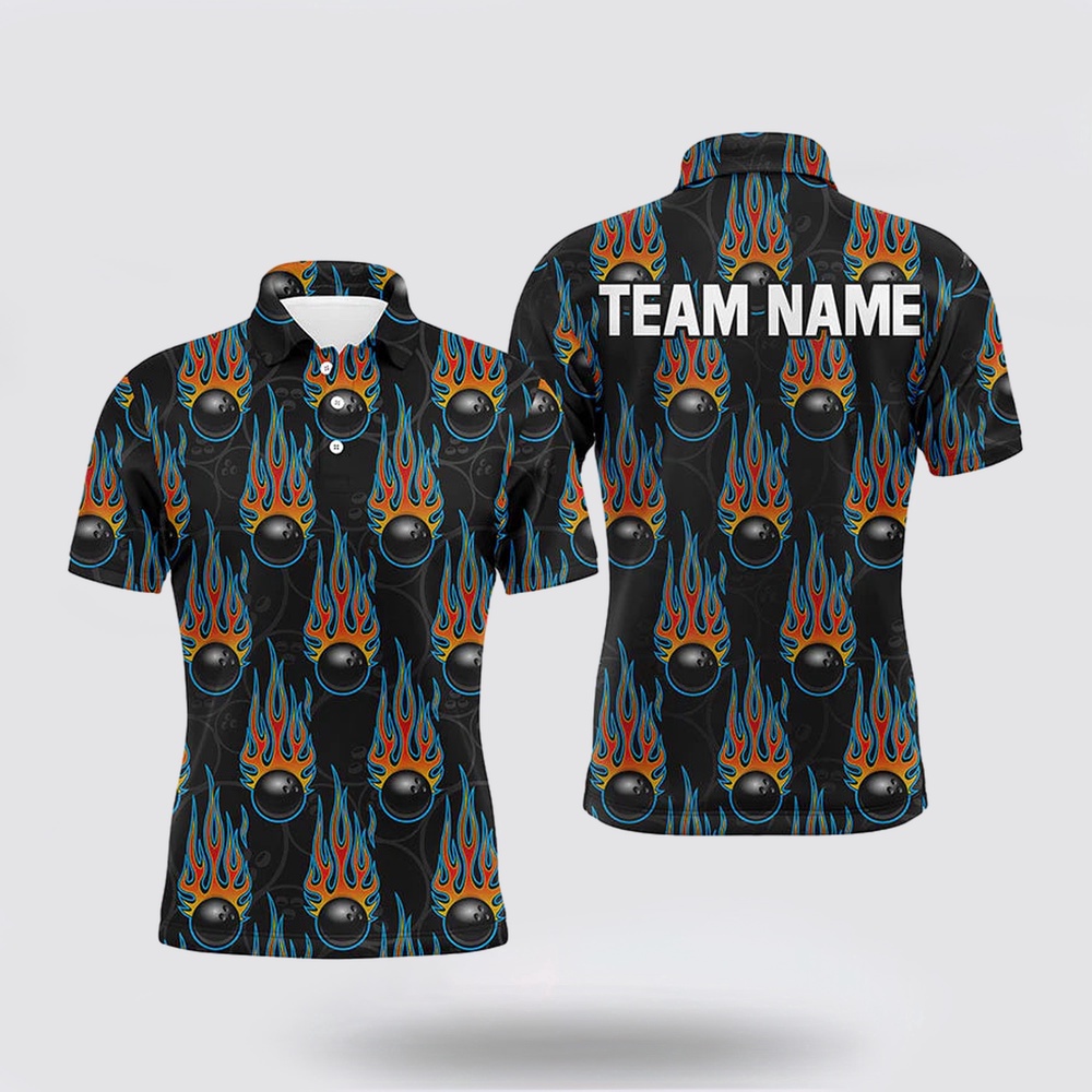 Bowling Polo Shirt, Flame Bowling Polo Shirt, Personalized Men Short Sleeves Bowlers Jersey Custom Team Nam