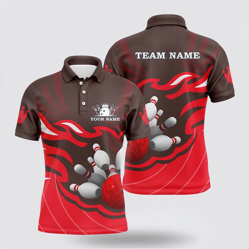 Bowling Polo Shirt, Mens Polo Bowling Shirt Custom Bowling Ball Pins Team League Jersey, Personalized Bowling Gifts Red