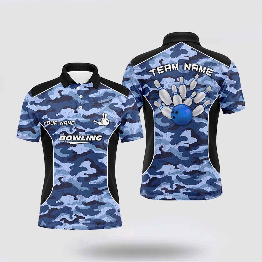 Bowling Polo Shirt, Mens Polo Bowling Shirts Custom Bowling Ball And Pins Blue Camo Bowling Team Jersey For Men