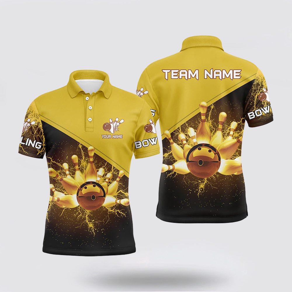 Bowling Polo Shirt, Mens Polo Bowling Shirts Custom Gold Lightning Thunder Bowling Team Jersey, Gift For Team Bowlers Bowling Polo Shirt, Mens Polo Bowling Shirts Custom Gold Lightning Thunder Bowling Team Jersey, Gift For Team Bowlers
