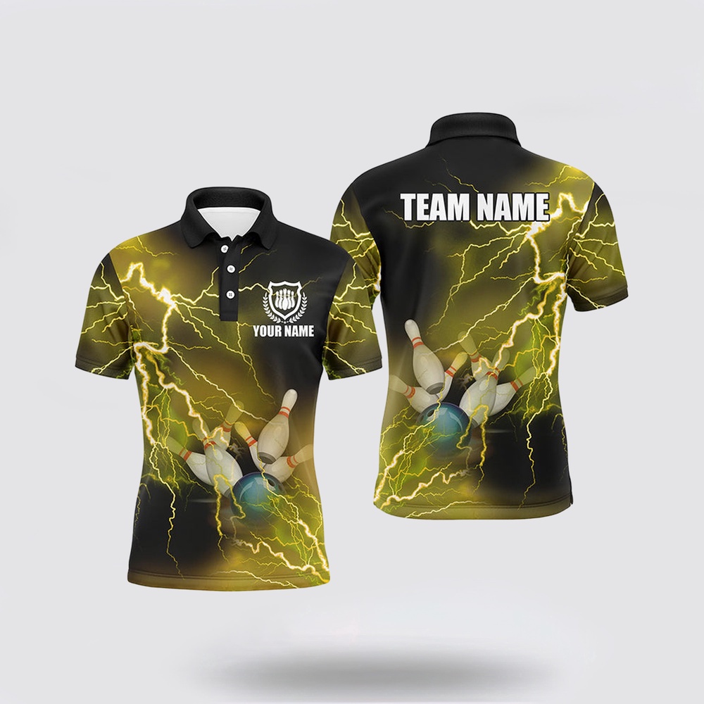 Bowling Polo Shirt, Mens Polo Bowling Shirts Custom Yellow Lightning Thunder Bowling Team Jersey, Gift For Team Bowlers