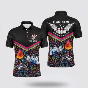 Bowling Polo Shirt, Multicolor Pattern Black Bowling…