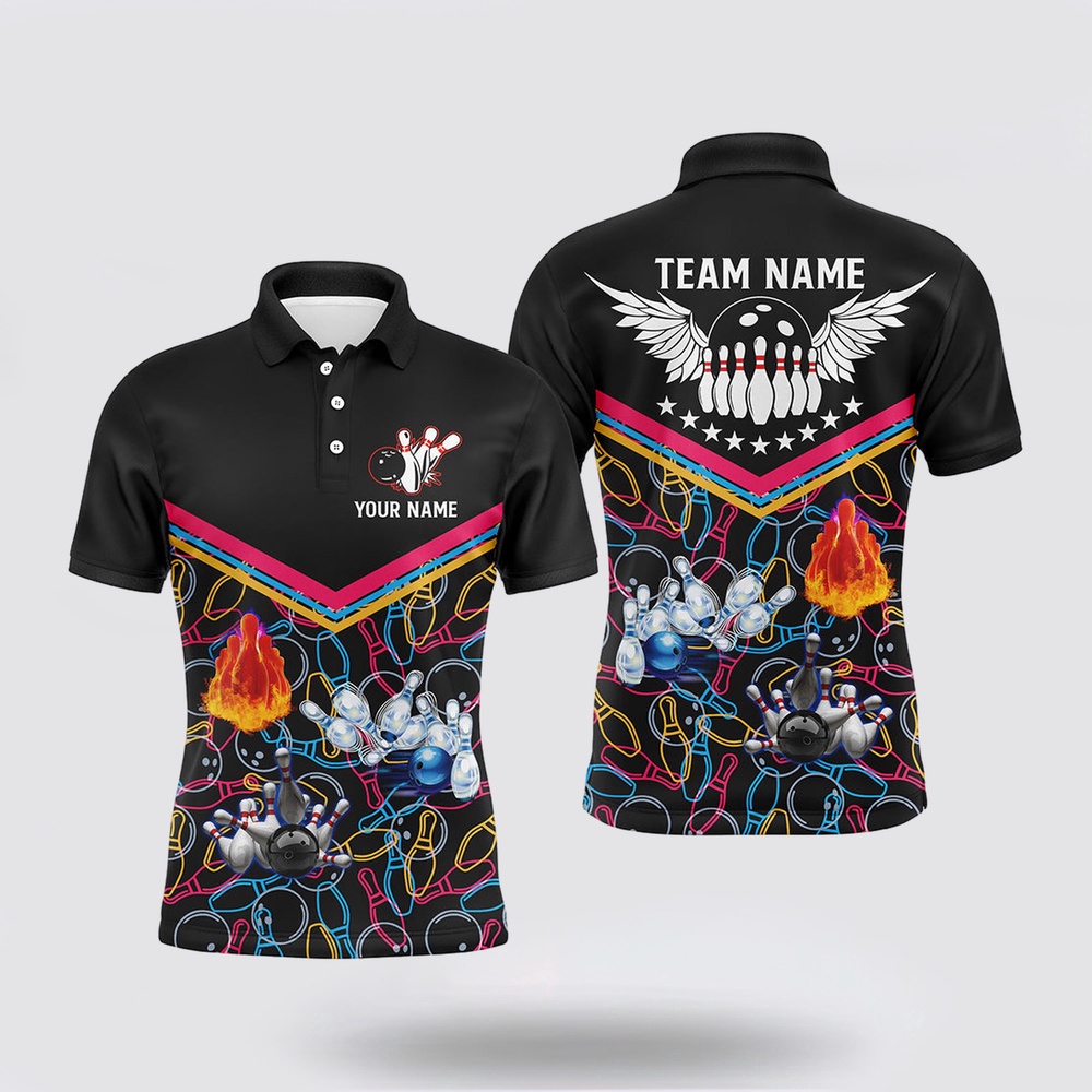 Bowling Polo Shirt, Multicolor Pattern Black Bowling Polo Shirts For Men, Custom Team Bowling Jerseys For Men Bowlers Bowling Polo Shirt, Multicolor Pattern Black Bowling Polo Shirts For Men, Custom Team Bowling Jerseys For Men Bowlers