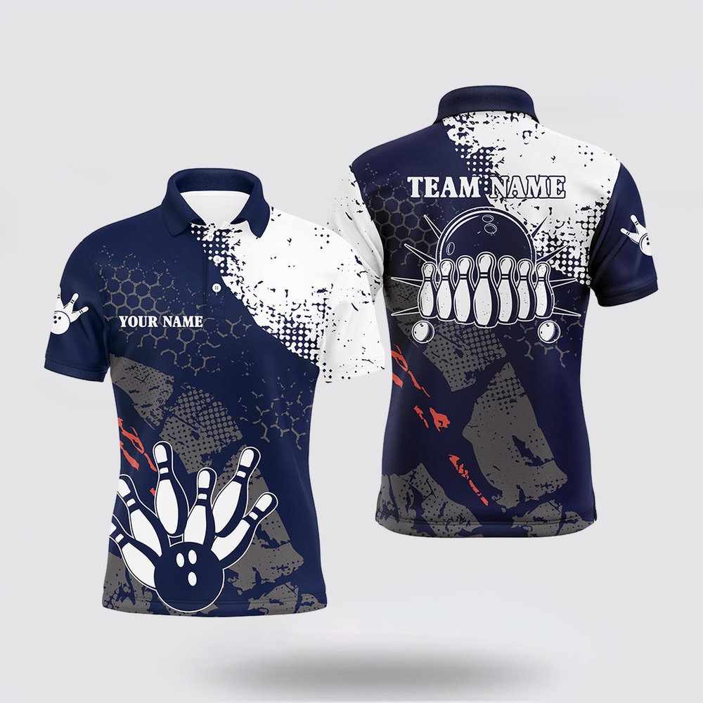 Bowling Polo Shirt, Navy And White Mens Polo Bowling Shirts Custom Retro Bowling Ball Pins Bowling Team League Jerseys