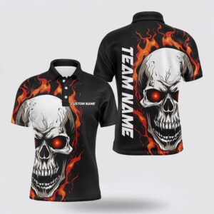 Bowling Polo Shirt, Orange Flame Skull Sport…