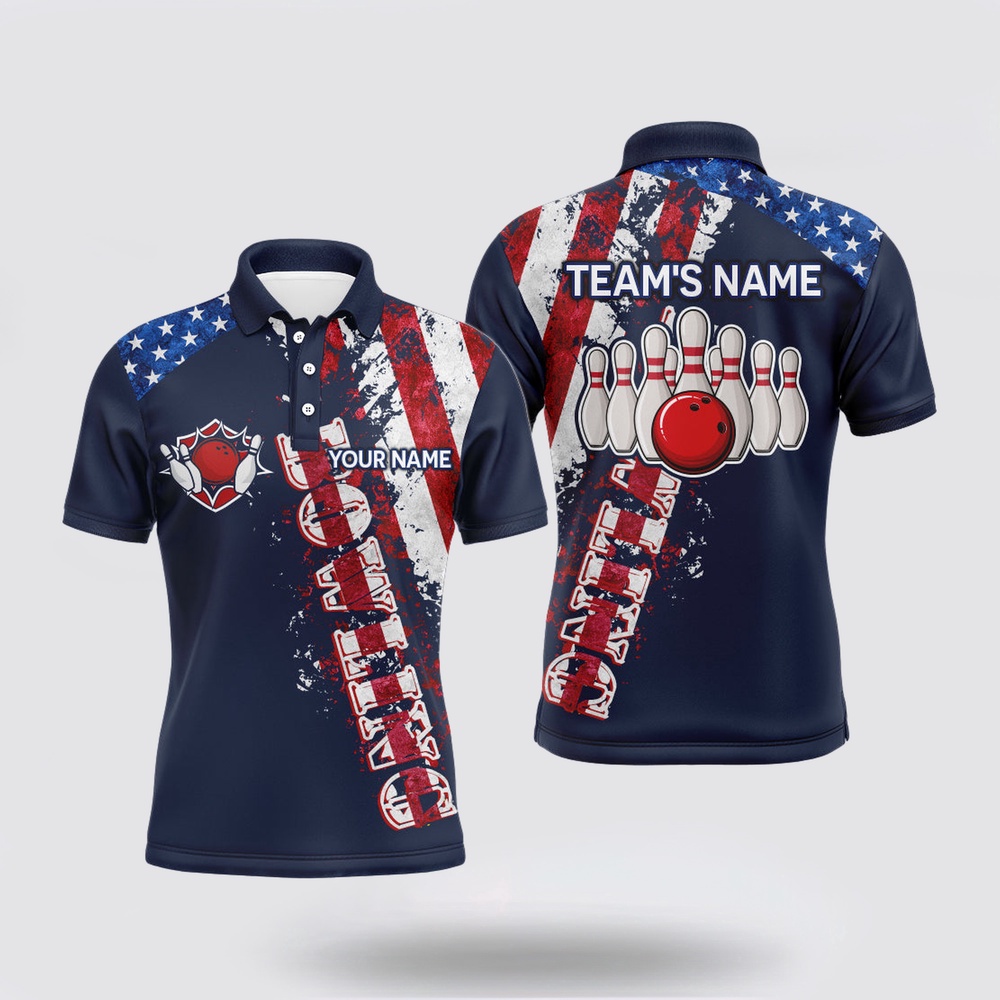 Bowling Polo Shirt, Patriotic Mens Bowling Polo Shirt, Custom Name Bowlers Jersey Short Sleeve American Fla