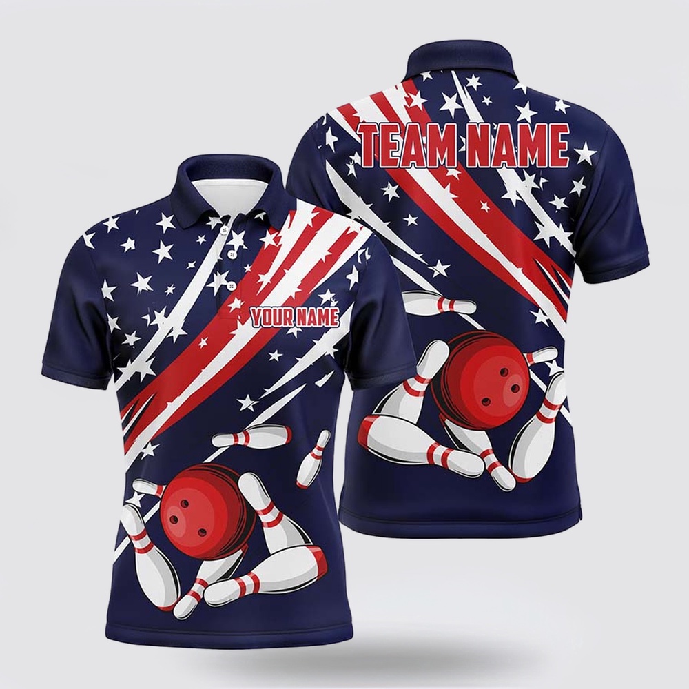 Bowling Polo Shirt, Personalized American Flag Mens Bowling Polo Shirts For Team, Patriotic Strike Bowling Jerseys Bowling Polo Shirt, Personalized American Flag Mens Bowling Polo Shirts For Team, Patriotic Strike Bowling Jerseys
