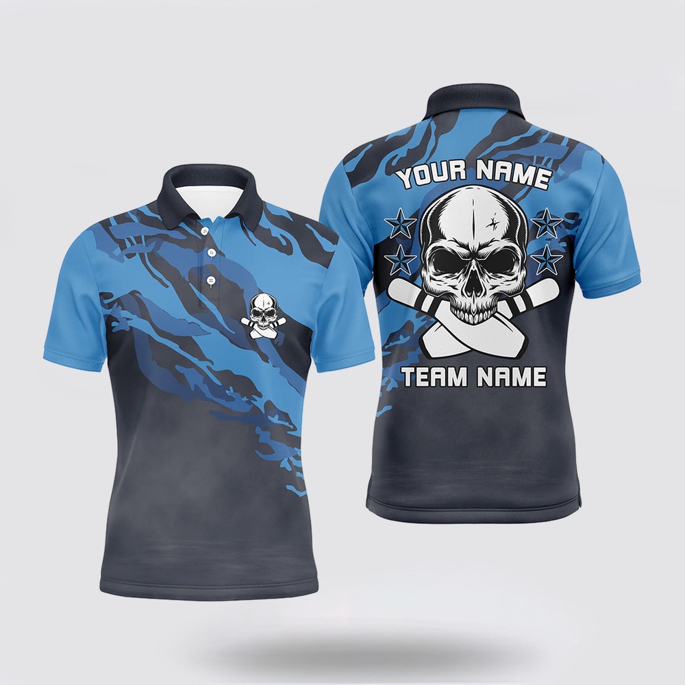 Bowling Polo Shirt, Personalized Blue Camo Skull Bowling Polo Shirt For Men Custom Teams Name Men Bowler Jersey