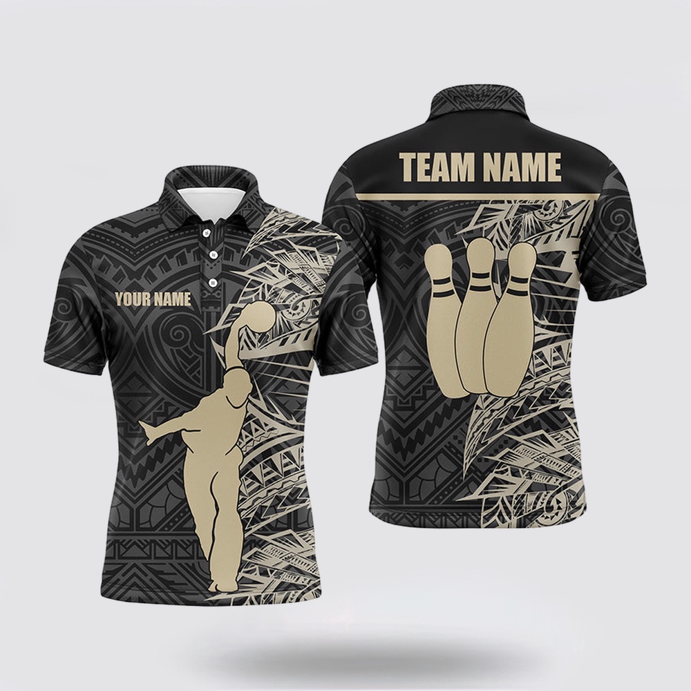 Bowling Polo Shirt, Personalized Bowling Polo Shirts For Men Golden Black Tribal Team Bowling Jersey, Bowling Gift For Him Bowling Polo Shirt, Personalized Bowling Polo Shirts For Men Golden Black Tribal Team Bowling Jersey, Bowling Gift For Him