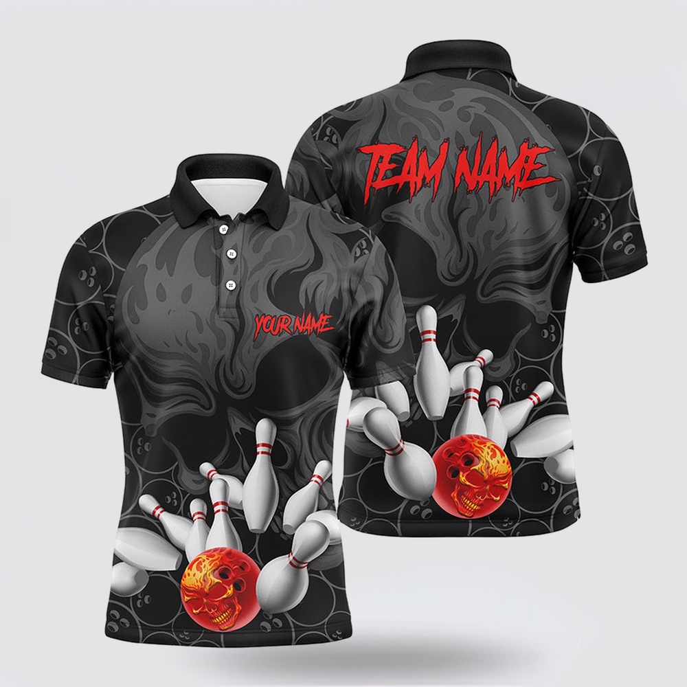Bowling Polo Shirt, Personalized Flame Skull Men Bowling Polo Shirts Skull Bowling Team Jerseys Halloween Outfits Bowling Polo Shirt, Personalized Flame Skull Men Bowling Polo Shirts Skull Bowling Team Jerseys Halloween Outfits