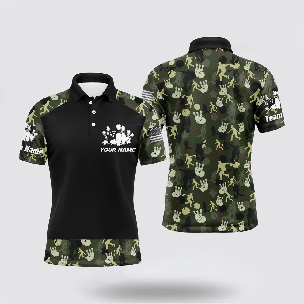 Bowling Polo Shirt, Personalized Men Bowling Polo Shirt Camo Balls And Pins Team Short Sleeves Men Bowlers Jerse