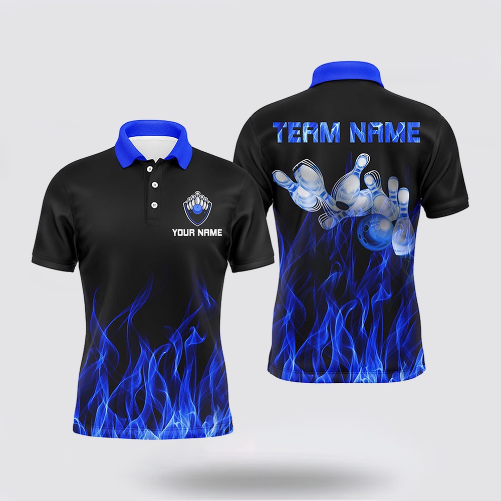 Bowling Polo Shirt, Personalized Men Polo Bowling Shirt Blue Flame Bowling Ball And Pins Bowling Jerseys For Men Bowler Bowling Polo Shirt, Personalized Men Polo Bowling Shirt Blue Flame Bowling Ball And Pins Bowling Jerseys For Men Bowler