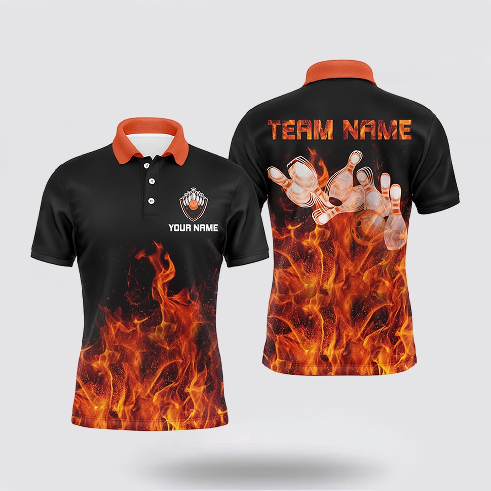 Bowling Polo Shirt, Personalized Men Polo Bowling Shirt Orange Flame Bowling Ball And Pins Bowling Jerseys For Men Bowler Bowling Polo Shirt, Personalized Men Polo Bowling Shirt Orange Flame Bowling Ball And Pins Bowling Jerseys For Men Bowler