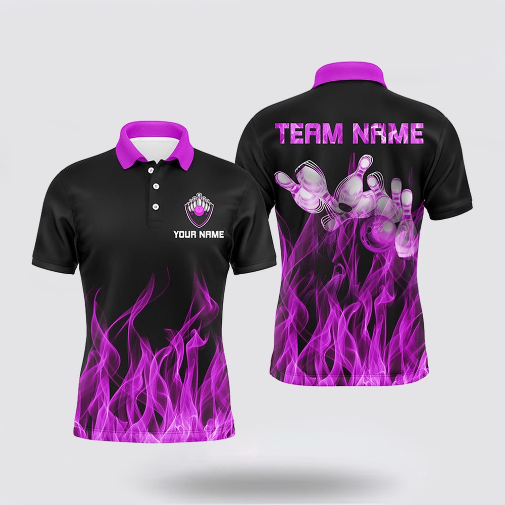 Bowling Polo Shirt, Personalized Men Polo Bowling Shirt Purple Flame Bowling Ball And Pins Bowling Jerseys For Men Bowler Bowling Polo Shirt, Personalized Men Polo Bowling Shirt Purple Flame Bowling Ball And Pins Bowling Jerseys For Men Bowler
