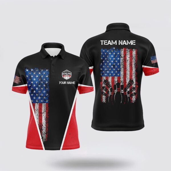 Bowling Polo Shirt, Personalized Retro Bowling Polo Shirt For Men Vintage American Flag Patriotic Custom Bowler Jerseys