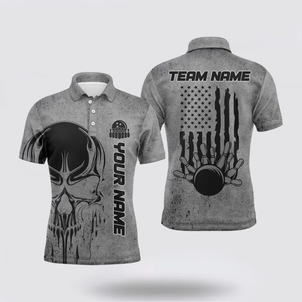 Bowling Polo Shirt, Personalized Skull Bowling Shirt For Men Custom Team Name American Flag Bowler Jersey Polo Shirt