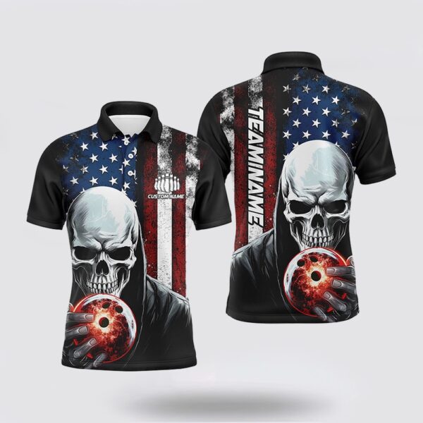 Bowling Polo Shirt, Personalized Skull Mens Bowling Team Jersey Bowling Shirt American Bowling Polo Shirt