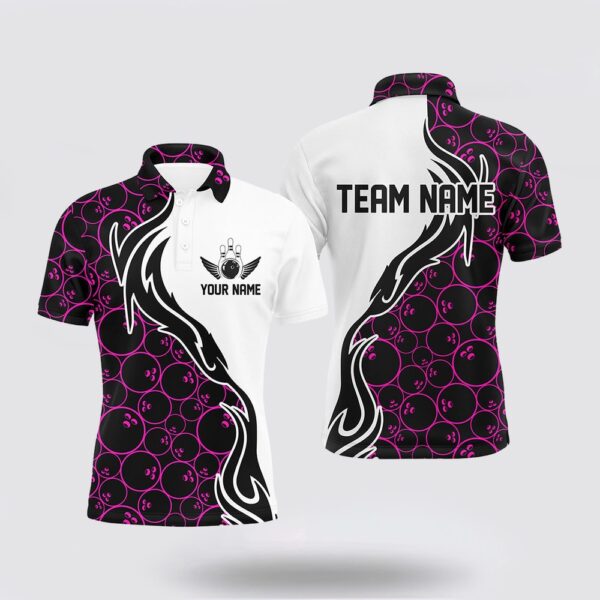 Bowling Polo Shirt, Pink Bowling Pattern Custom Men Bowling Polo Shirts Flame Bowling Team Jerseys Tournament