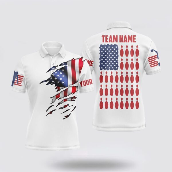 Bowling Polo Shirt, Polo Shirt Custom Mens Bowling Shirts, Customizable American Flag Bowling Pin Polo Shirt For Team