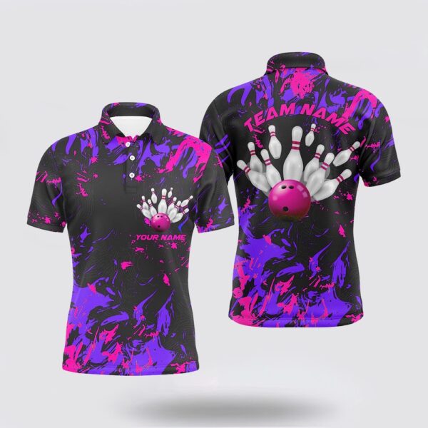 Bowling Polo Shirt, Purple And Pink Camo Bowling Team Shirts Custom Men Polo Shirts Bowling League Shirt