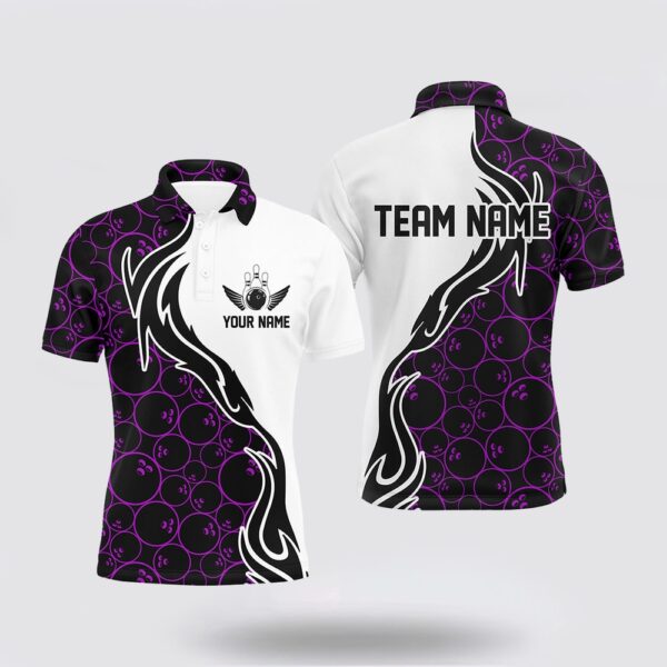 Bowling Polo Shirt, Purple Bowling Pattern Custom Men Bowling Polo Shirts Flame Bowling Team Jerseys Tournament