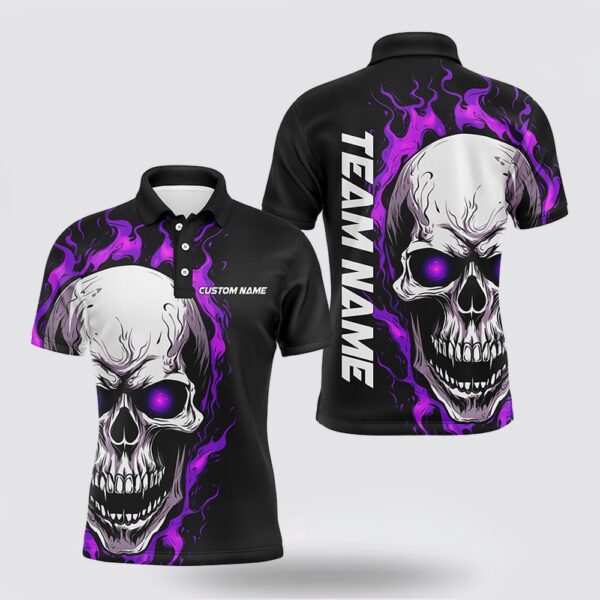 Bowling Polo Shirt, Purple Flame Skull Sport Jerseys, Custom Team Bowling Polo Shirts For Men, Bowler Outfits