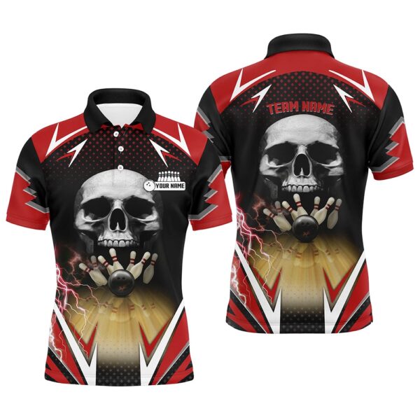 Bowling Polo Shirt, Red And Black Bowling Skull Polo Shirts For Men Custom Bowling Ball Pins Team League Jerseys