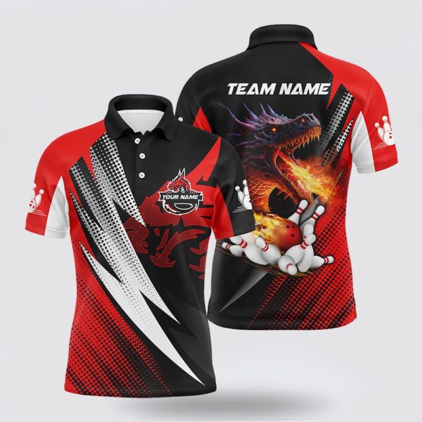 Bowling Polo Shirt, Red And Black Flame Dragon Bowling Balls Pins Custom Bowling Polo Shirts For Men, Team Bowling Jerseys