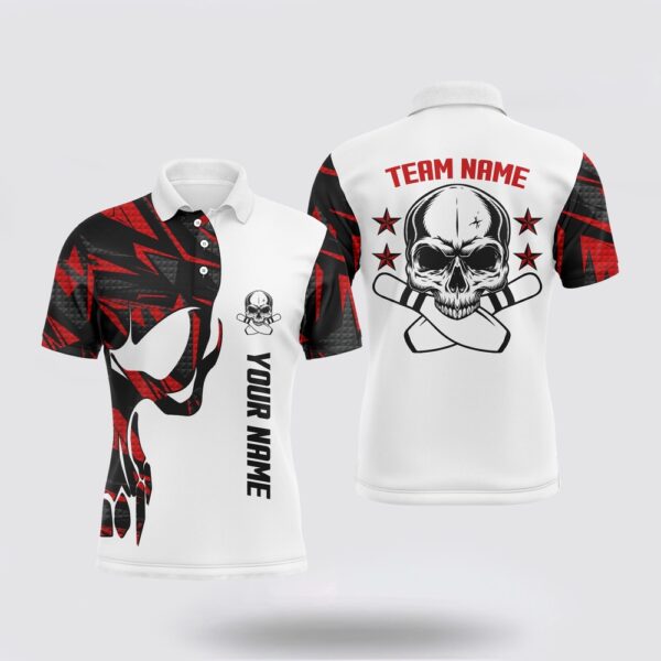 Bowling Polo Shirt, Red And White Bowling Polo Shirts For Men Custom Name And Team Name Skull Bowling, Bowling Team Shirts