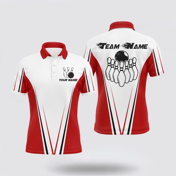 Bowling Polo Shirt, Red And White Men Bowling Shirt Personalized Custom Name Bowling Polo Shirt For Team Bowler Jerse