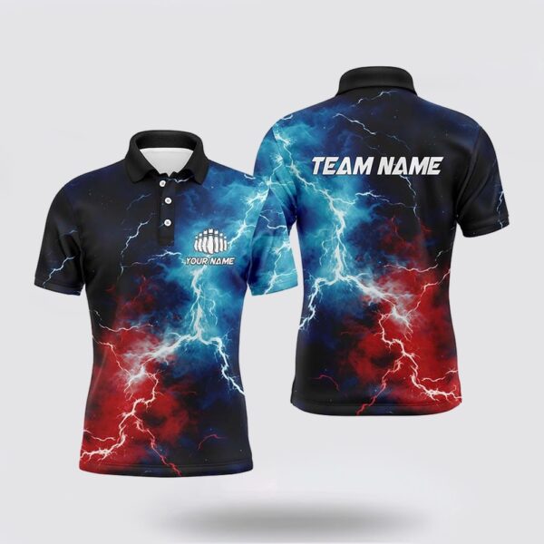 Bowling Polo Shirt, Red, White And Blue Thunder Lightning Bowling Polo Shirts For Men, Patriotic Bowling Team Jerseys