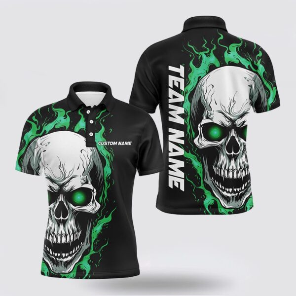 Bowling Polo Shirt, Sea Foam Green Flame Skull Sport Jerseys, Custom Team Bowling Polo Shirts For Men, Bowler Outfits