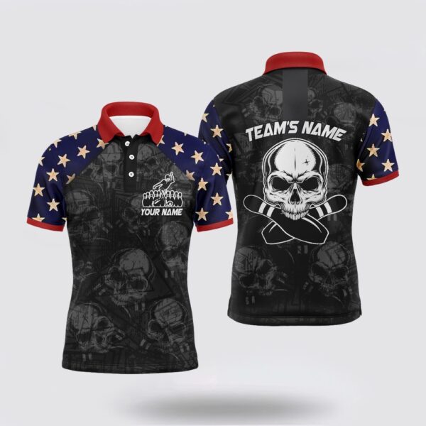 Bowling Polo Shirt, Skull Bowling Polo Shirt For Men, Patriotic Custom Name Team Bowlers Jersey Short Sleeve